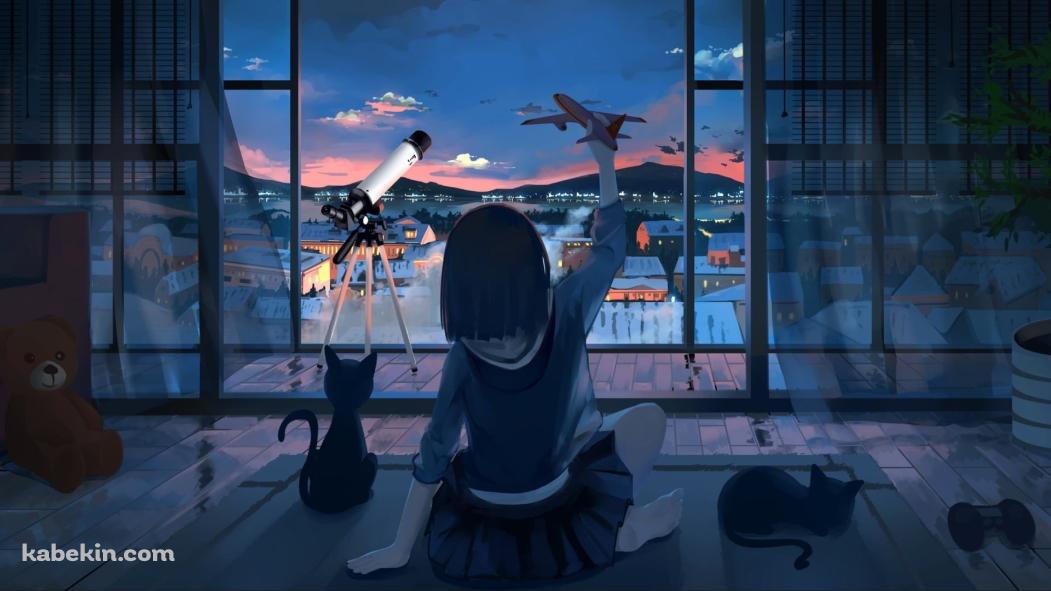 部屋で飛行機の玩具を持つ少女 / 望遠鏡 / 黒い猫 / ゲームパッドの壁紙(1051px x 591px) 高画質 PC・デスクトップ用