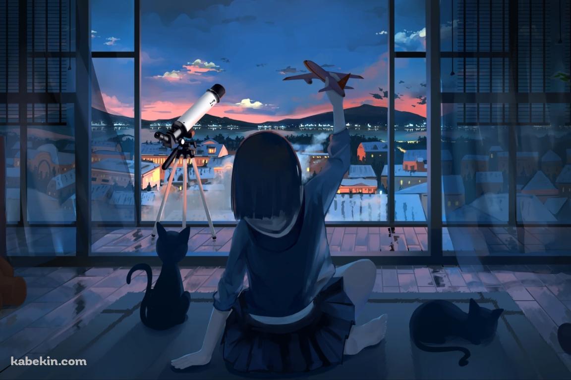 部屋で飛行機の玩具を持つ少女 / 望遠鏡 / 黒い猫 / ゲームパッドの壁紙(1152px x 768px) 高画質 PC・デスクトップ用