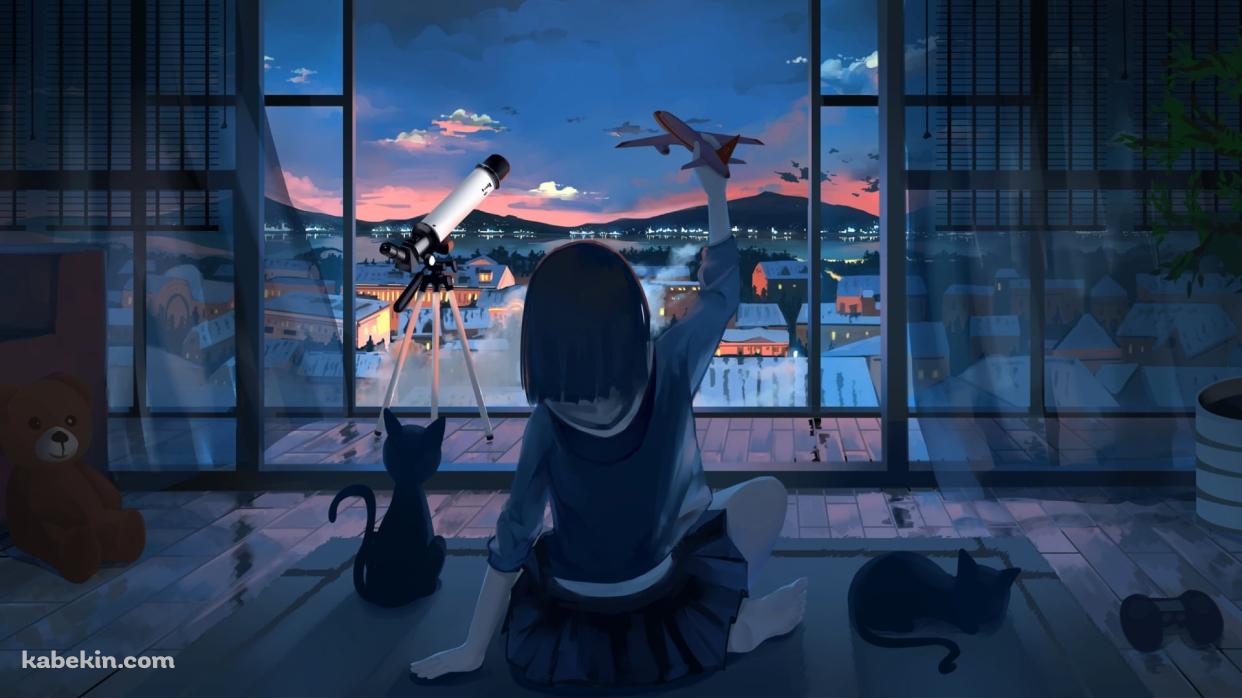 部屋で飛行機の玩具を持つ少女 / 望遠鏡 / 黒い猫 / ゲームパッドの壁紙(1242px x 698px) 高画質 PC・デスクトップ用