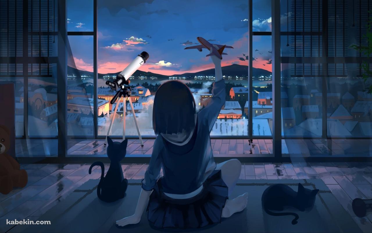 部屋で飛行機の玩具を持つ少女 / 望遠鏡 / 黒い猫 / ゲームパッドの壁紙(1280px x 800px) 高画質 PC・デスクトップ用