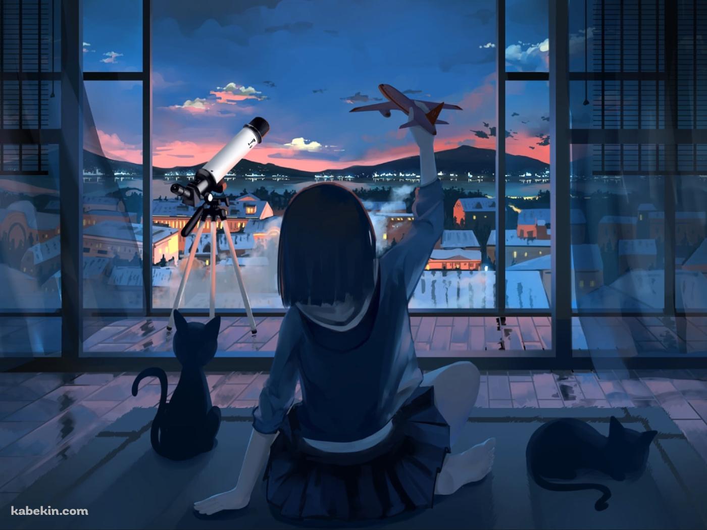 部屋で飛行機の玩具を持つ少女 / 望遠鏡 / 黒い猫 / ゲームパッドの壁紙(1400px x 1050px) 高画質 PC・デスクトップ用
