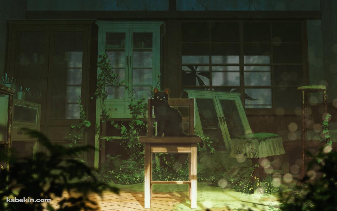 部屋の椅子に座る黒い猫 / イラストの壁紙(1152px x 720px) 高画質 PC・デスクトップ用