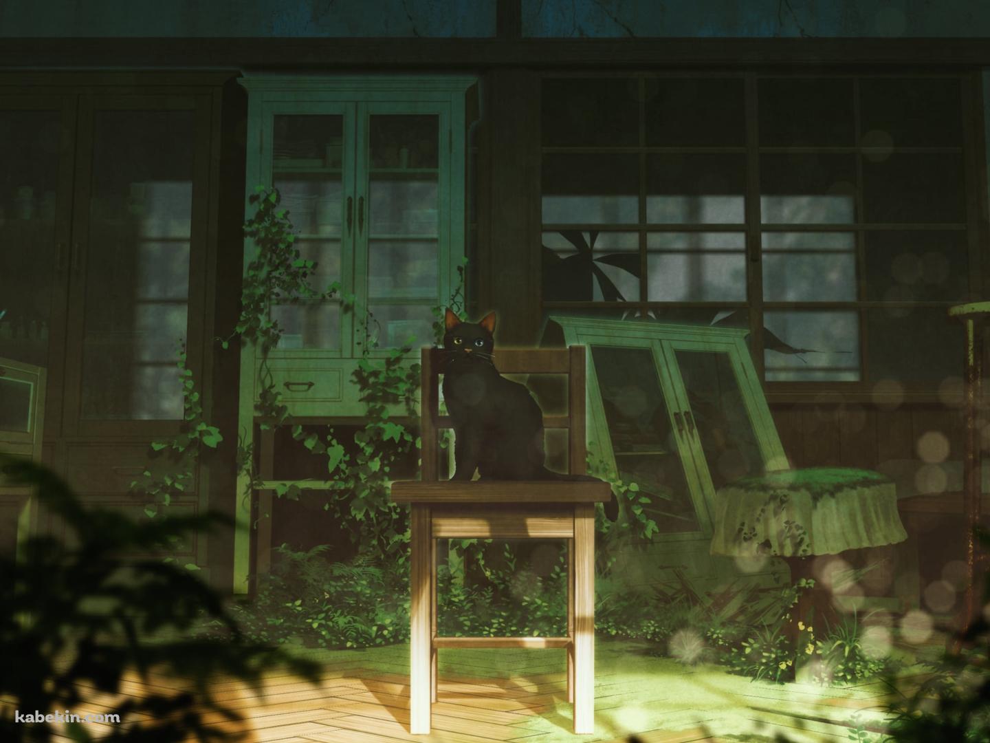 部屋の椅子に座る黒い猫 / イラストの壁紙(1440px x 1080px) 高画質 PC・デスクトップ用