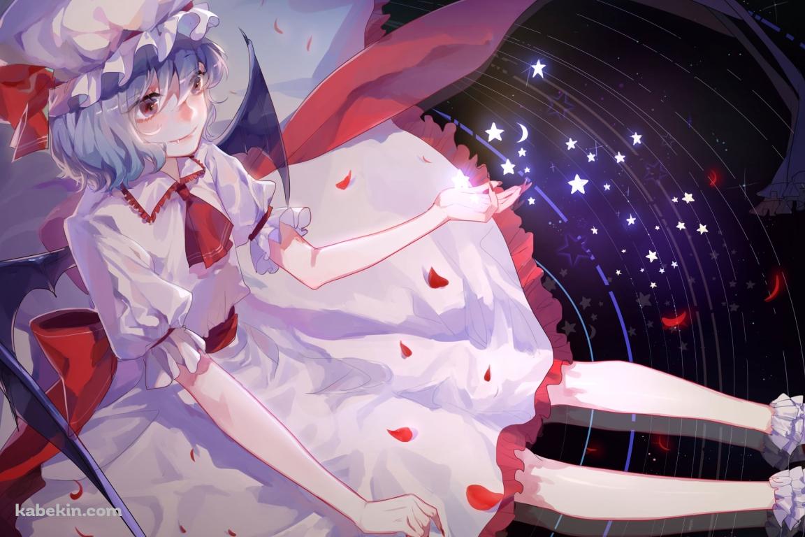 黒い宇宙の上に座るレミリア・スカーレット / 赤い花びら / 光る星 / 東方の壁紙(1152px x 768px) 高画質 PC・デスクトップ用
