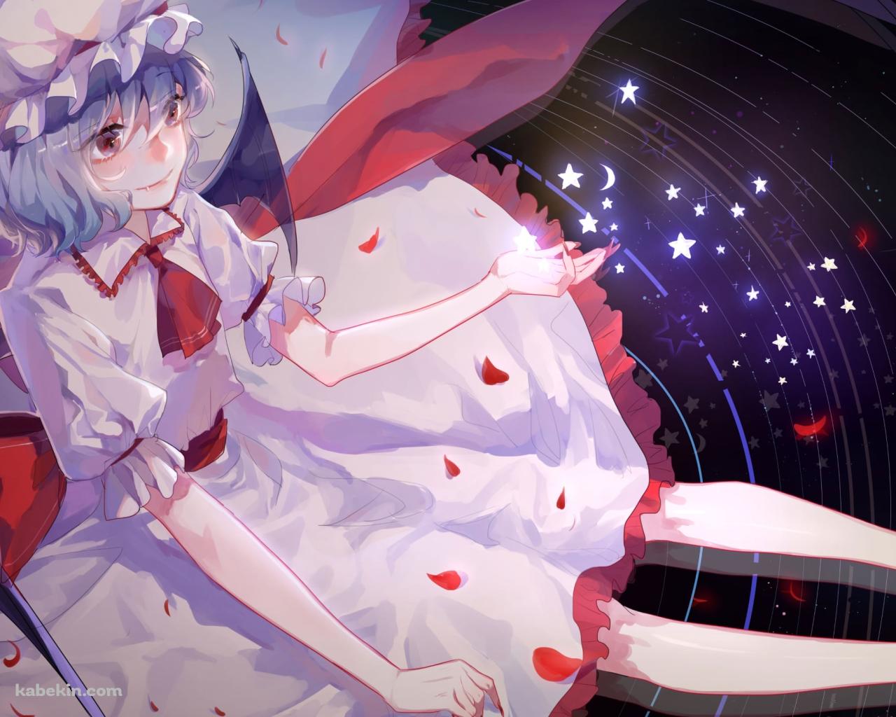 黒い宇宙の上に座るレミリア・スカーレット / 赤い花びら / 光る星 / 東方の壁紙(1280px x 1024px) 高画質 PC・デスクトップ用