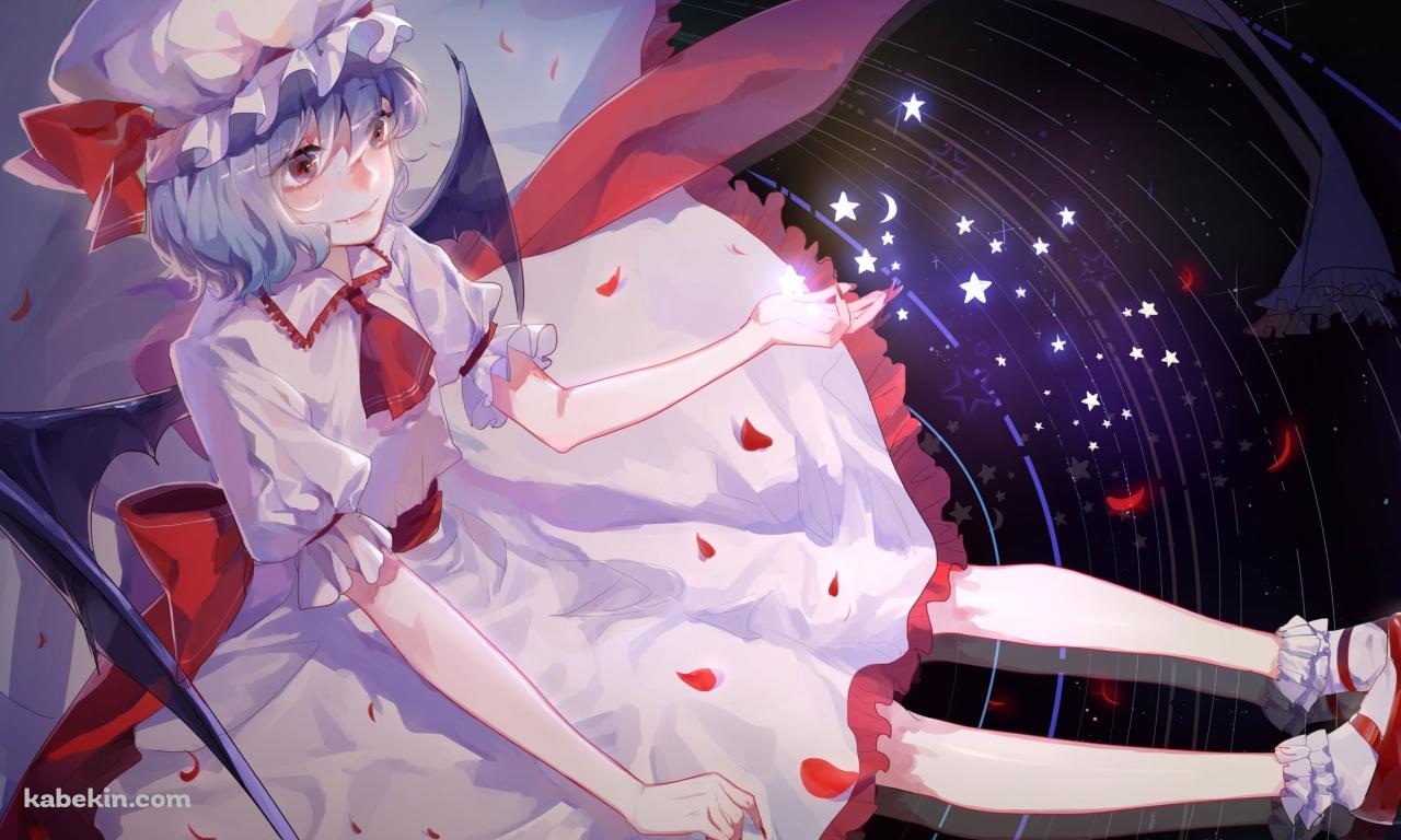黒い宇宙の上に座るレミリア・スカーレット / 赤い花びら / 光る星 / 東方の壁紙(1280px x 768px) 高画質 PC・デスクトップ用