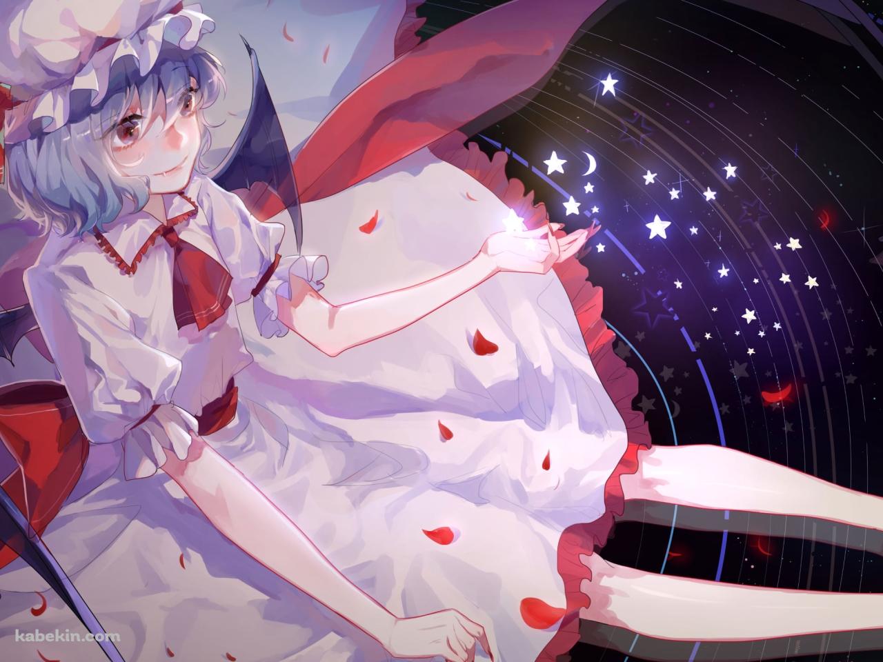 黒い宇宙の上に座るレミリア・スカーレット / 赤い花びら / 光る星 / 東方の壁紙(1280px x 960px) 高画質 PC・デスクトップ用