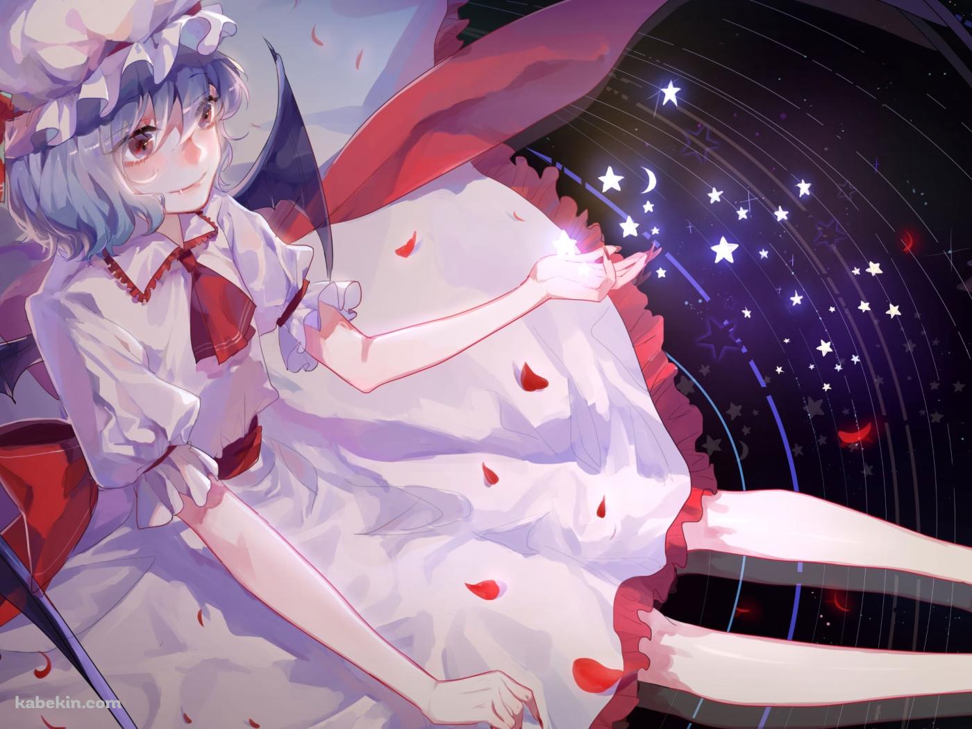 黒い宇宙の上に座るレミリア・スカーレット / 赤い花びら / 光る星 / 東方の壁紙(1400px x 1050px) 高画質 PC・デスクトップ用