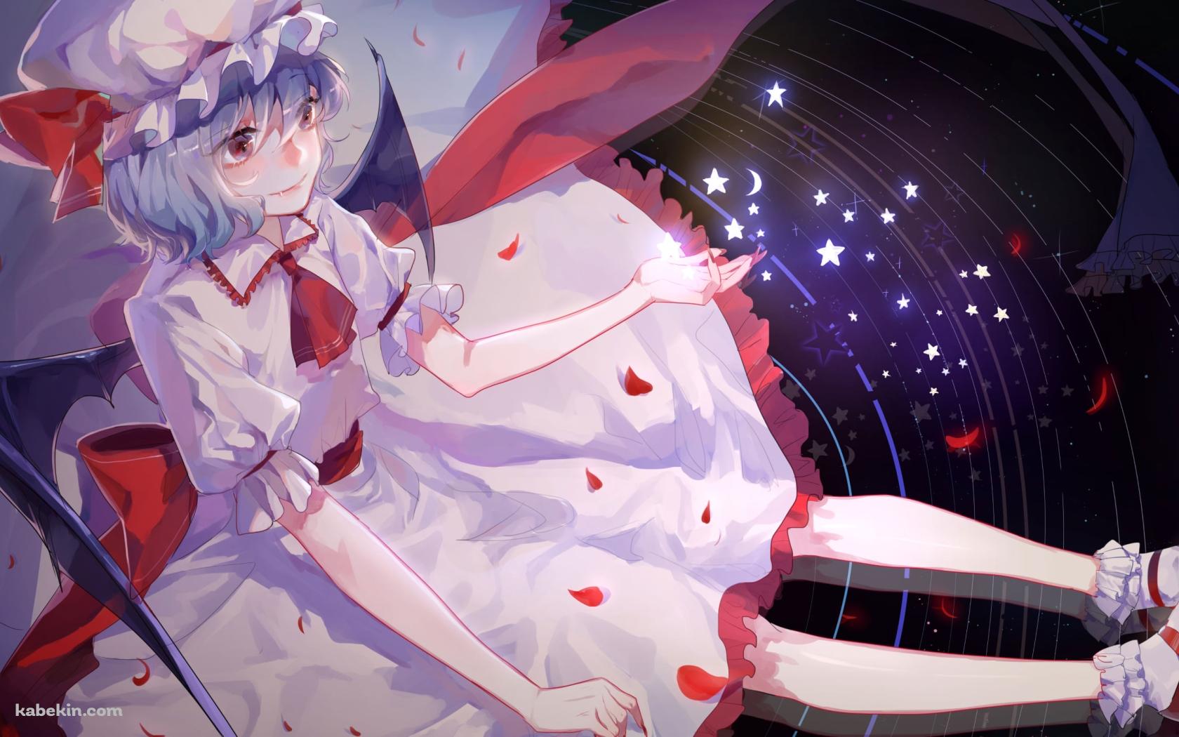 黒い宇宙の上に座るレミリア・スカーレット / 赤い花びら / 光る星 / 東方の壁紙(1680px x 1050px) 高画質 PC・デスクトップ用