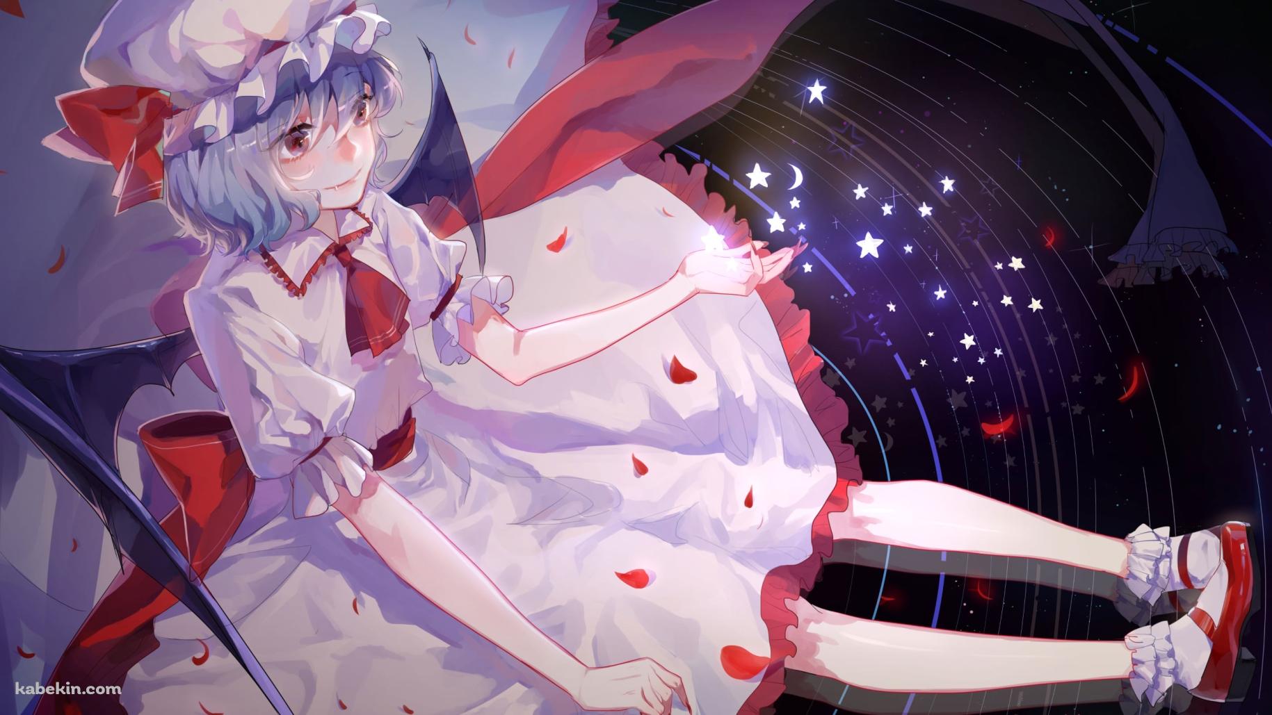 黒い宇宙の上に座るレミリア・スカーレット / 赤い花びら / 光る星 / 東方の壁紙(1829px x 1029px) 高画質 PC・デスクトップ用