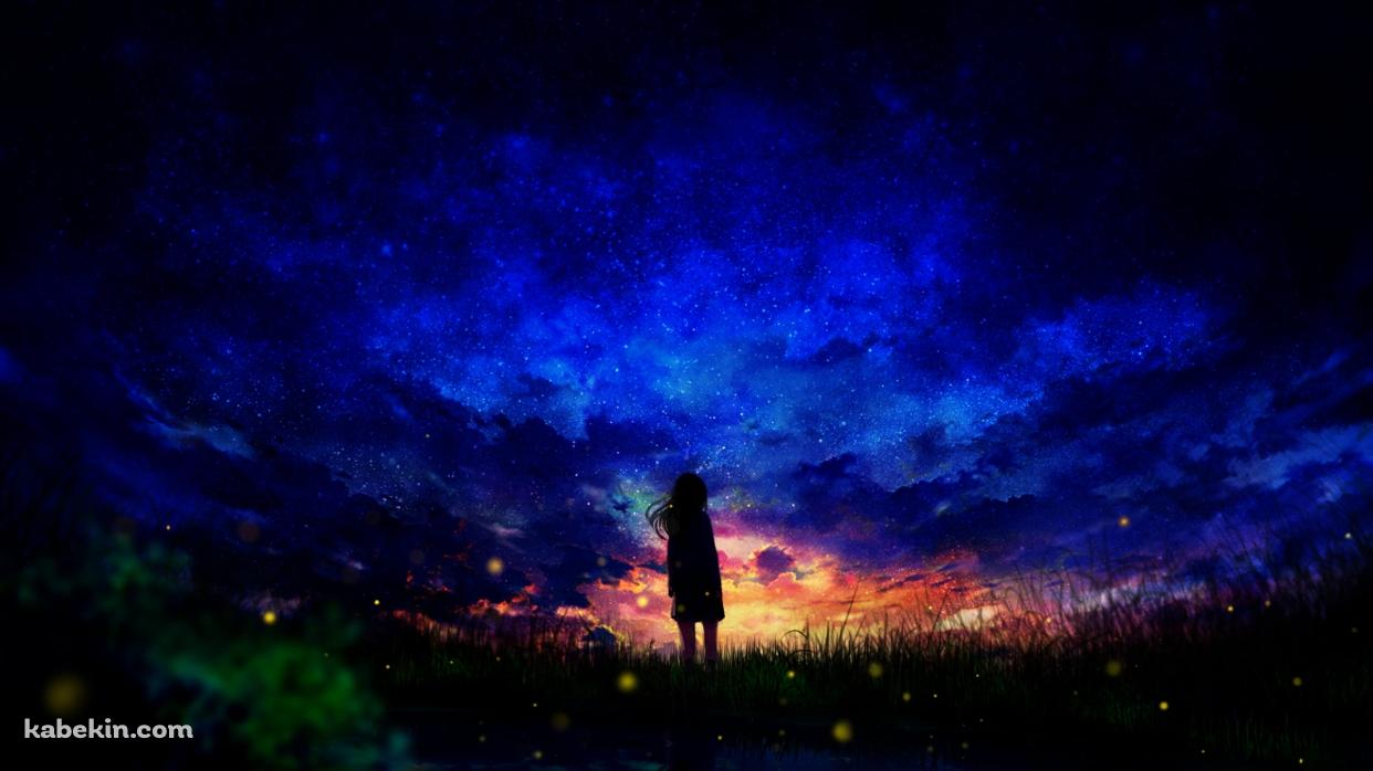 沢山の蛍が飛ぶ草原に佇む少女のシルエットの壁紙(1242px x 698px) 高画質 PC・デスクトップ用