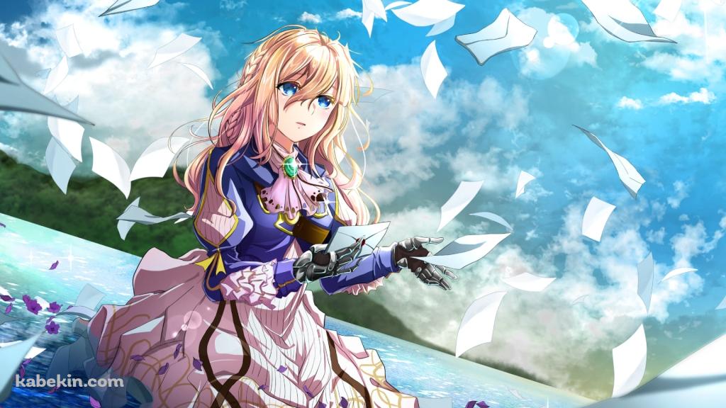 沢山の便箋と水面に座るヴァイオレット・エヴァーガーデンの壁紙(1024px x 576px) 高画質 PC・デスクトップ用