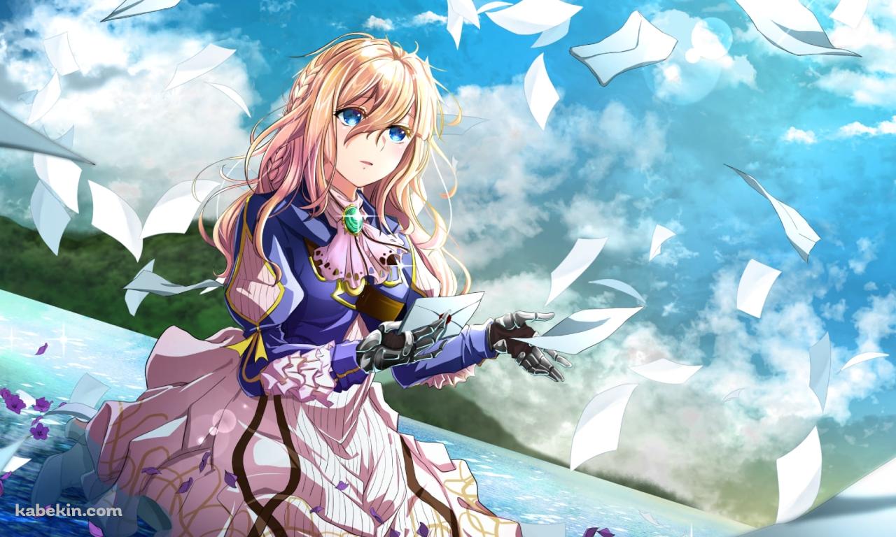 沢山の便箋と水面に座るヴァイオレット・エヴァーガーデンの壁紙(1280px x 768px) 高画質 PC・デスクトップ用