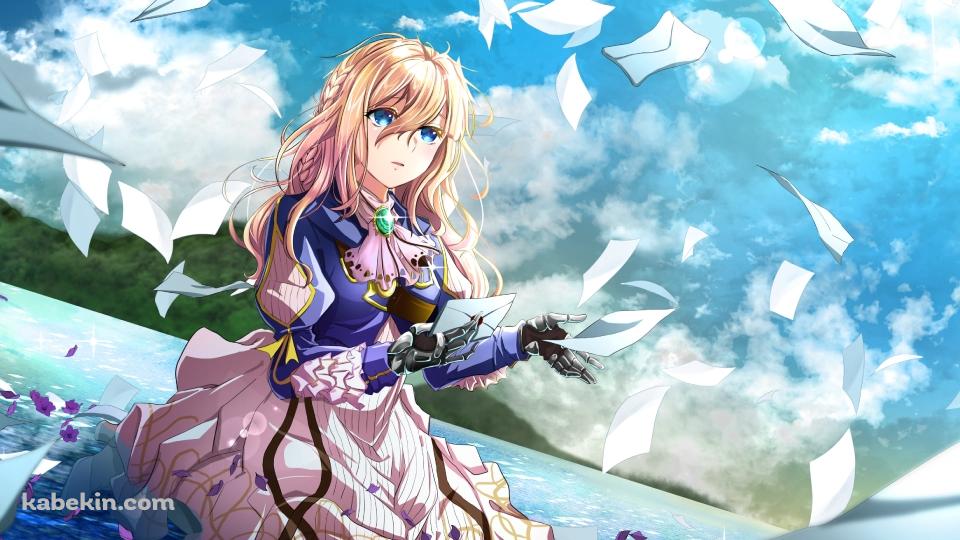 沢山の便箋と水面に座るヴァイオレット・エヴァーガーデンの壁紙(960px x 540px) 高画質 PC・デスクトップ用