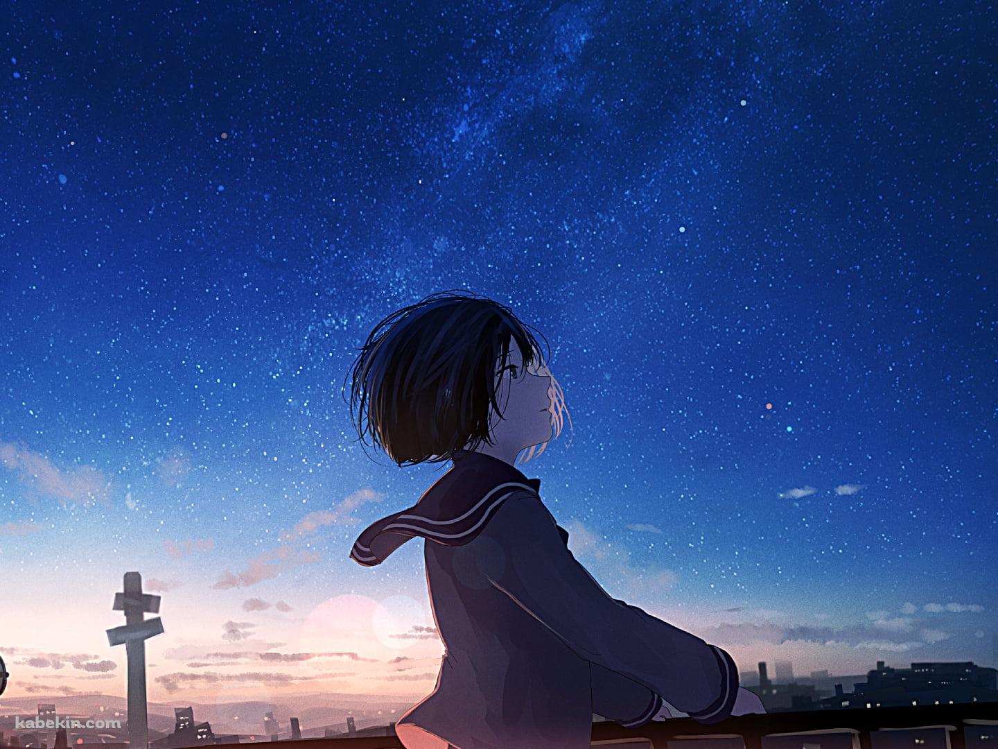 綺麗な青い星空を見上げる女子高生 / JKの壁紙(1440px x 1080px) 高画質 PC・デスクトップ用