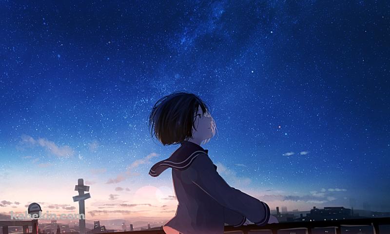 綺麗な青い星空を見上げる女子高生 / JKの壁紙(800px x 480px) 高画質 PC・デスクトップ用