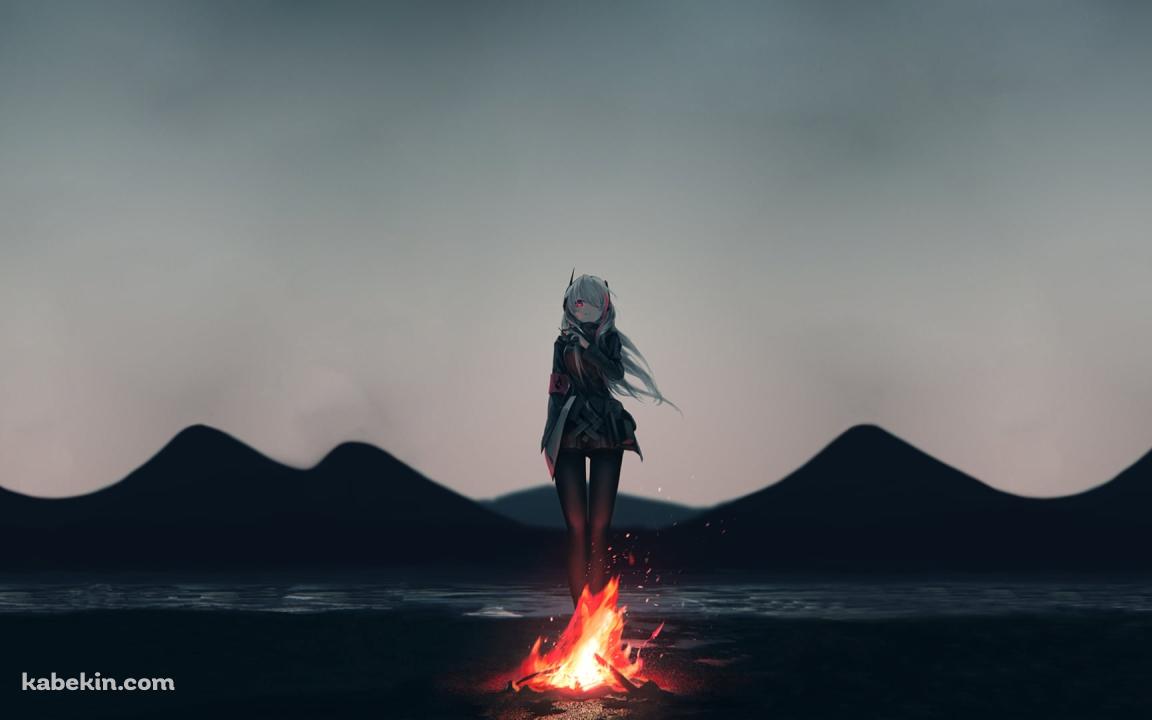 焚火の前に佇むM4 SOPMOD II / ドールズフロントラインの壁紙(1152px x 720px) 高画質 PC・デスクトップ用