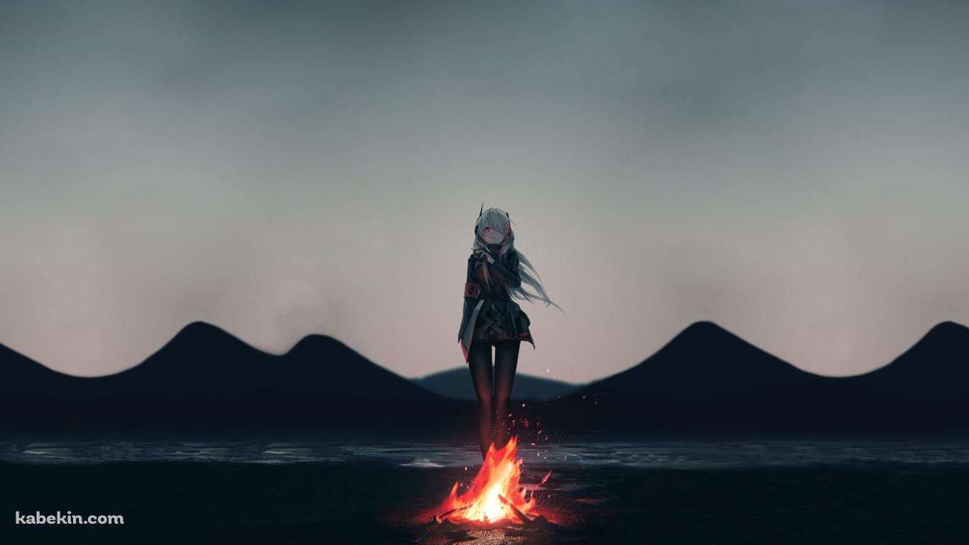 焚火の前に佇むM4 SOPMOD II / ドールズフロントラインの壁紙(1366px x 768px) 高画質 PC・デスクトップ用