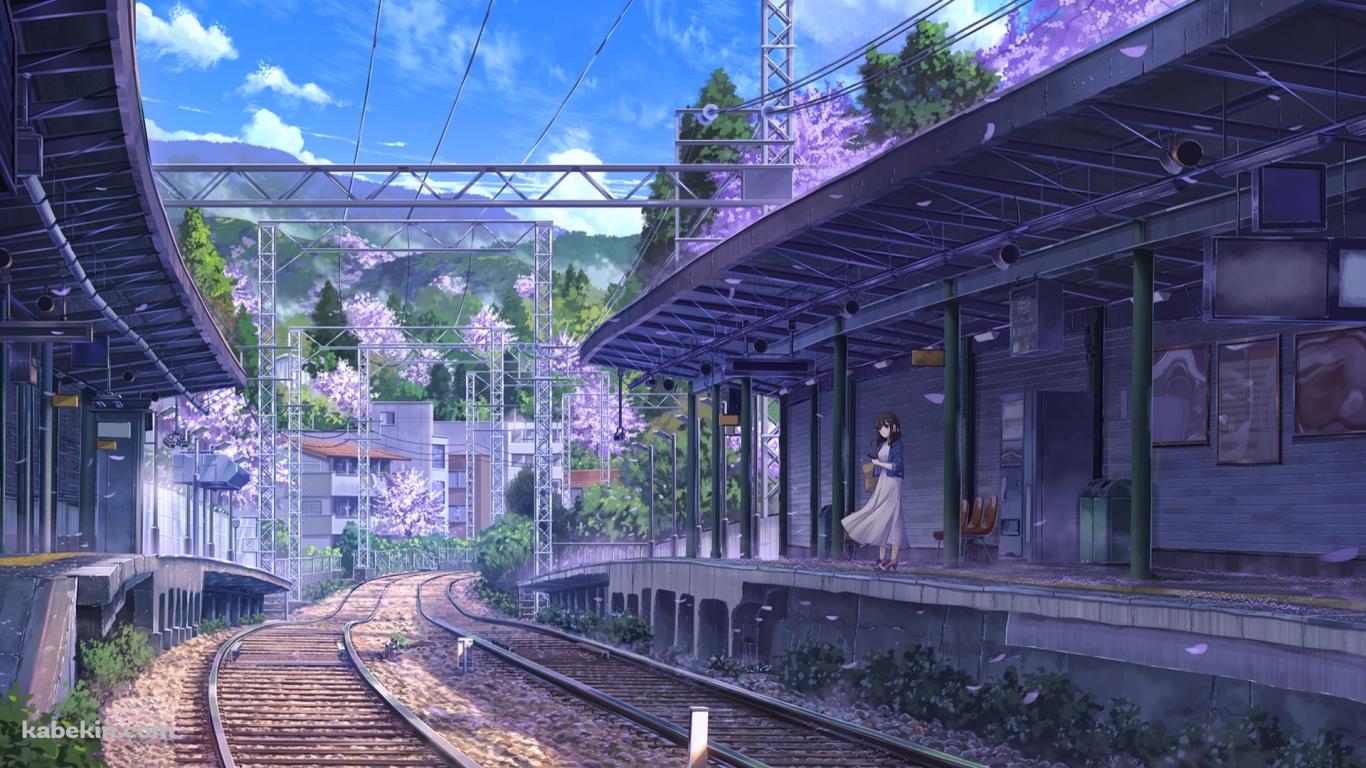 駅で電車を待つ女性 / 線路の壁紙(1366px x 768px) 高画質 PC・デスクトップ用