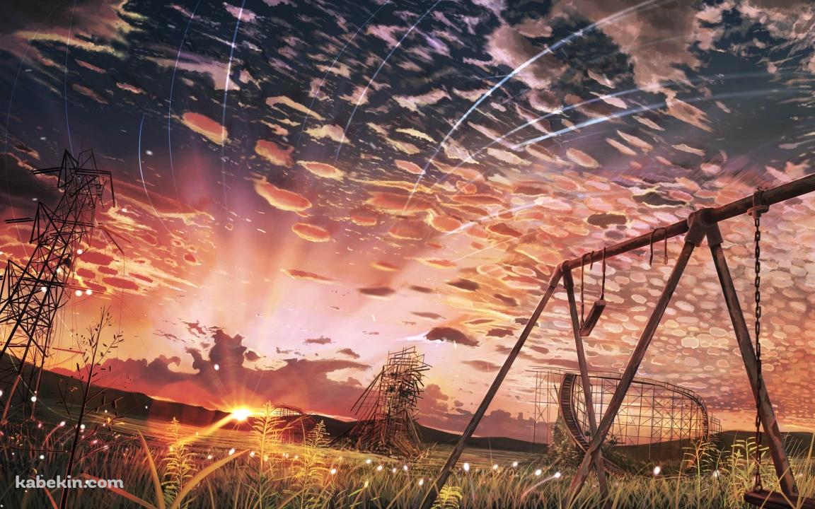 錆びたブランコと鉄塔 / 遠くで見える夕陽 / 羊雲の壁紙(1152px x 720px) 高画質 PC・デスクトップ用