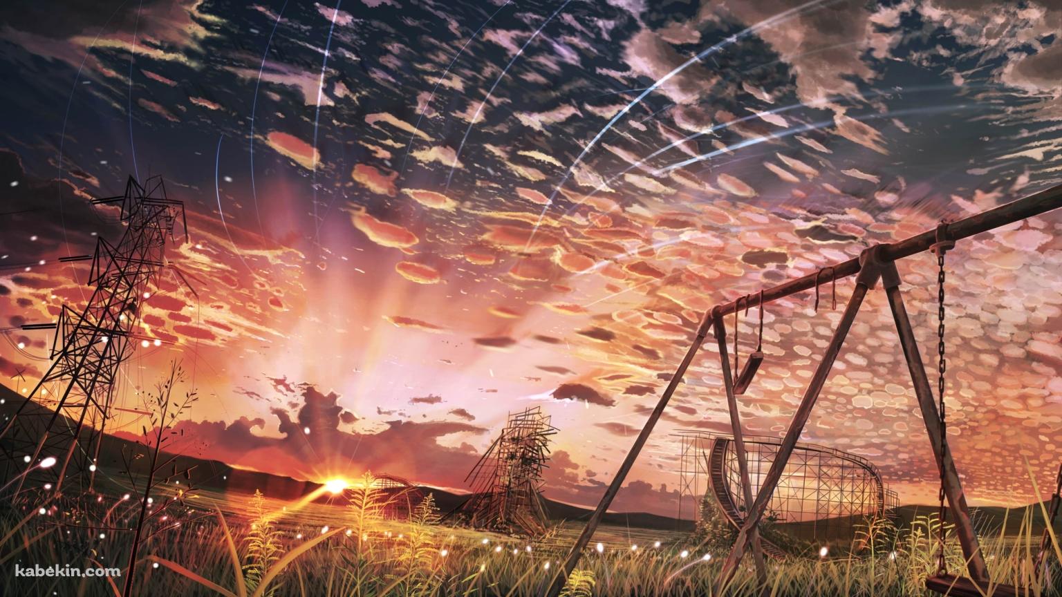 錆びたブランコと鉄塔 / 遠くで見える夕陽 / 羊雲の壁紙(1536px x 864px) 高画質 PC・デスクトップ用