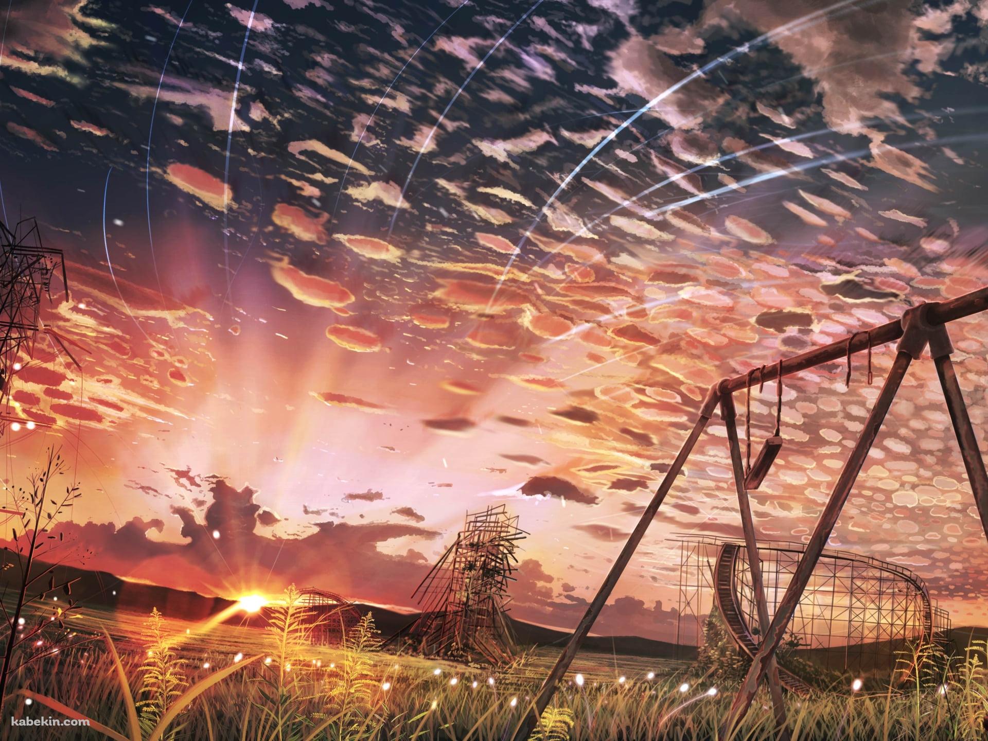 錆びたブランコと鉄塔 / 遠くで見える夕陽 / 羊雲の壁紙(1920px x 1440px) 高画質 PC・デスクトップ用