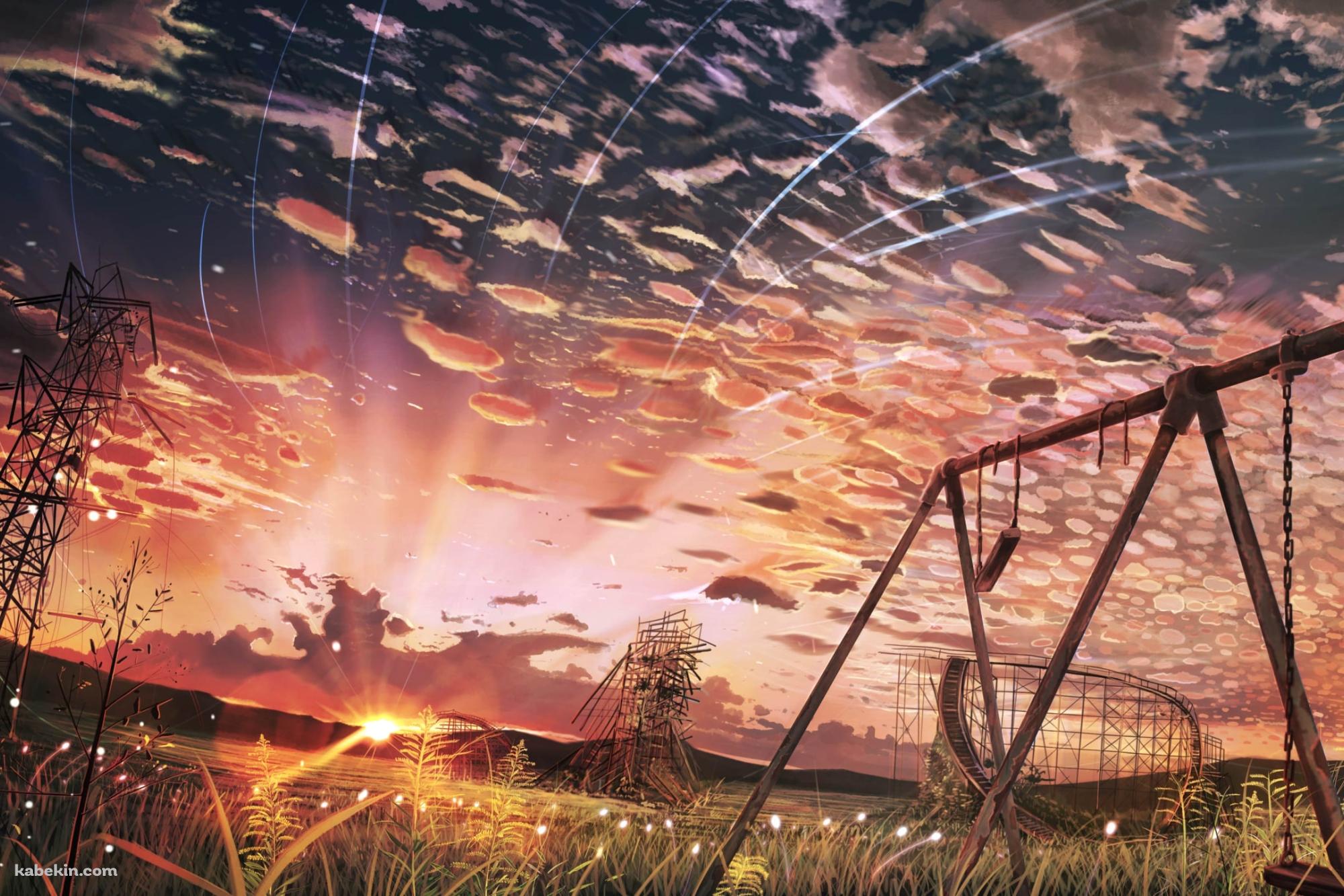 錆びたブランコと鉄塔 / 遠くで見える夕陽 / 羊雲の壁紙(2000px x 1333px) 高画質 PC・デスクトップ用
