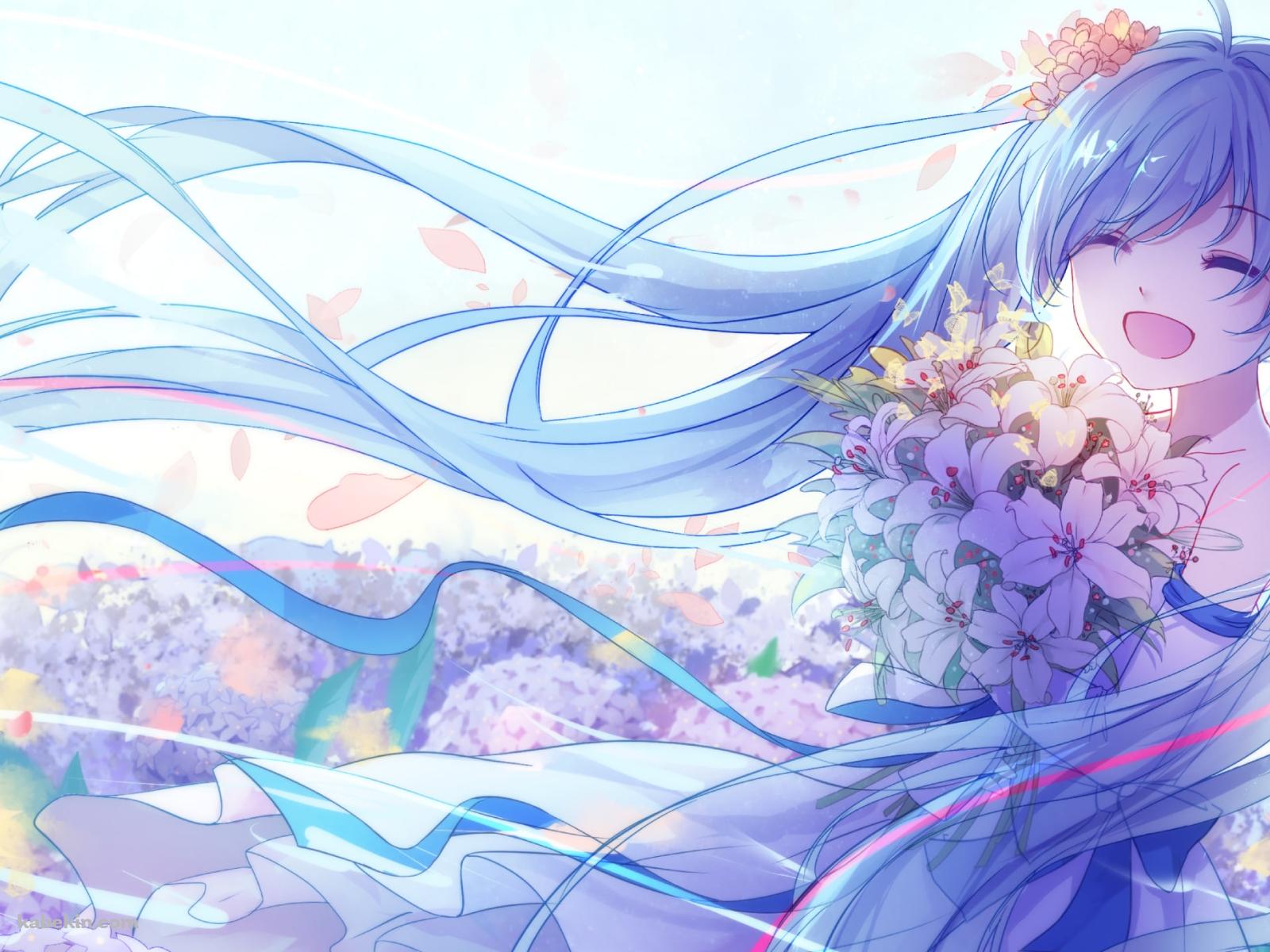 百合の花束を持ち満面の笑みを浮かべる初音ミク / ボカロ / ボーカロイドの壁紙(1600px x 1200px) 高画質 PC・デスクトップ用