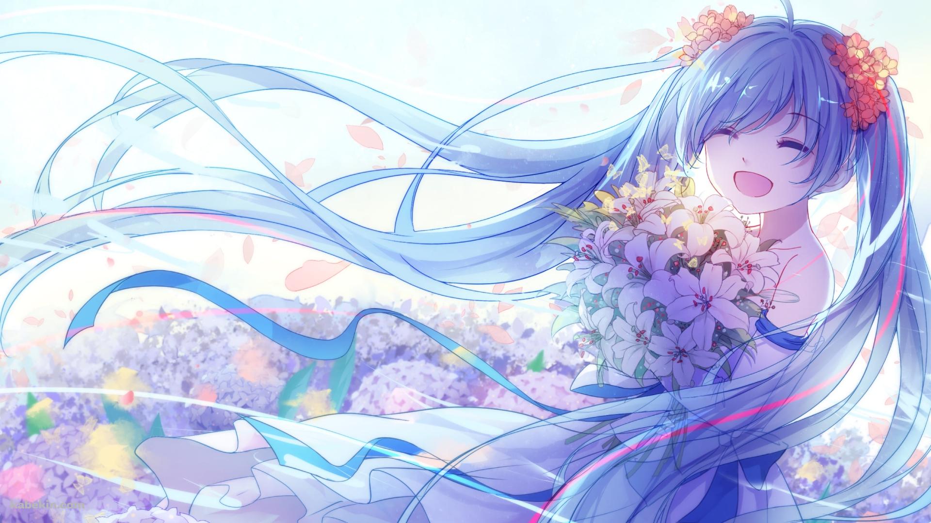 百合の花束を持ち満面の笑みを浮かべる初音ミク / ボカロ / ボーカロイドの壁紙(1920px x 1080px) 高画質 PC・デスクトップ用