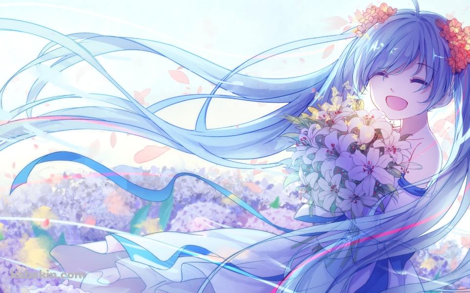 百合の花束を持ち満面の笑みを浮かべる初音ミク / ボカロ / ボーカロイドの壁紙(960px x 600px) 高画質 PC・デスクトップ用