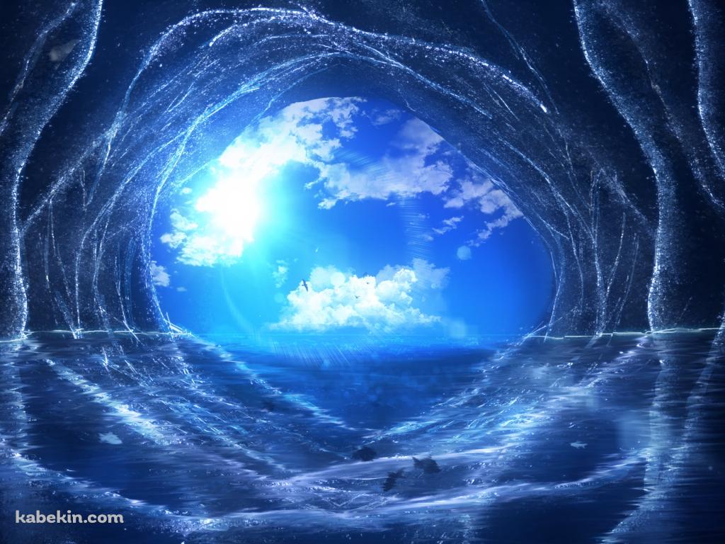 青空と海へ続く洞窟 / 逆光の壁紙(1024px x 768px) 高画質 PC・デスクトップ用