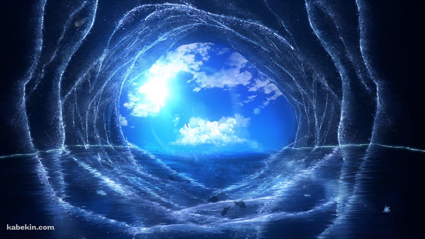 青空と海へ続く洞窟 / 逆光の壁紙(1366px x 768px) 高画質 PC・デスクトップ用