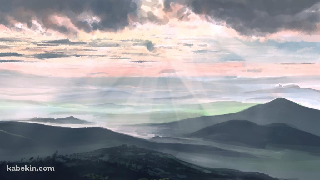 霧がかった山脈と光射す雲間の壁紙(1024px x 576px) 高画質 PC・デスクトップ用