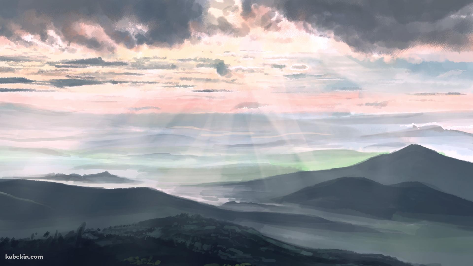 霧がかった山脈と光射す雲間の壁紙(1920px x 1080px) 高画質 PC・デスクトップ用