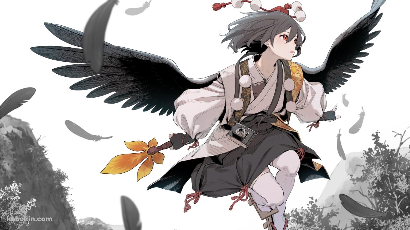 羽を撒き散らして飛ぶかっこいい射命丸文（しゃめいまる あや） / 東方の壁紙(1366px x 768px) 高画質 PC・デスクトップ用