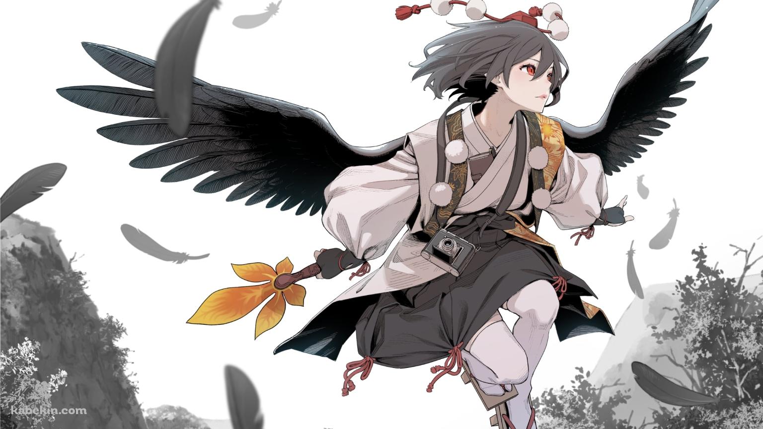 羽を撒き散らして飛ぶかっこいい射命丸文（しゃめいまる あや） / 東方の壁紙(1536px x 864px) 高画質 PC・デスクトップ用