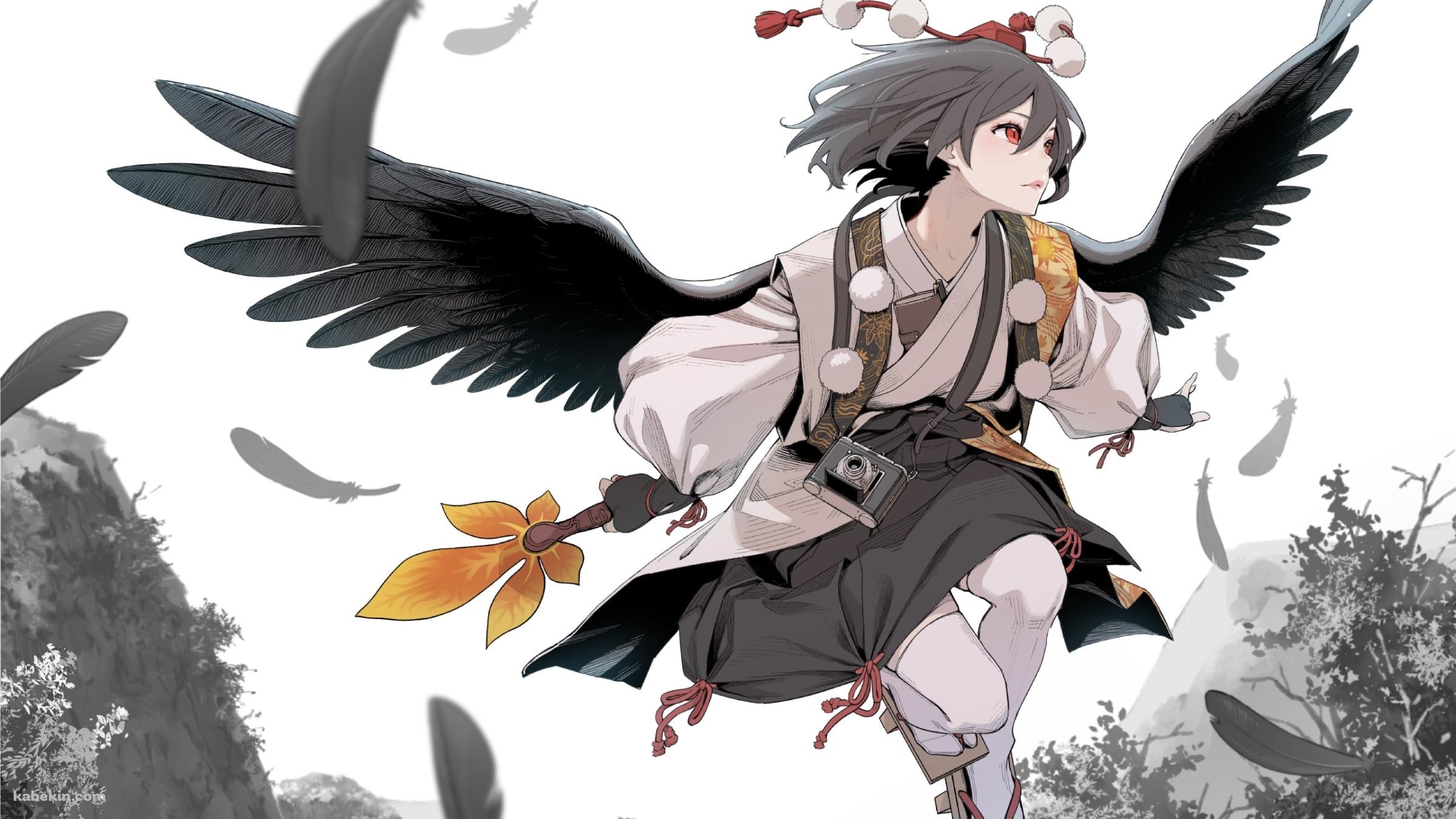 羽を撒き散らして飛ぶかっこいい射命丸文（しゃめいまる あや） / 東方の壁紙(2400px x 1350px) 高画質 PC・デスクトップ用