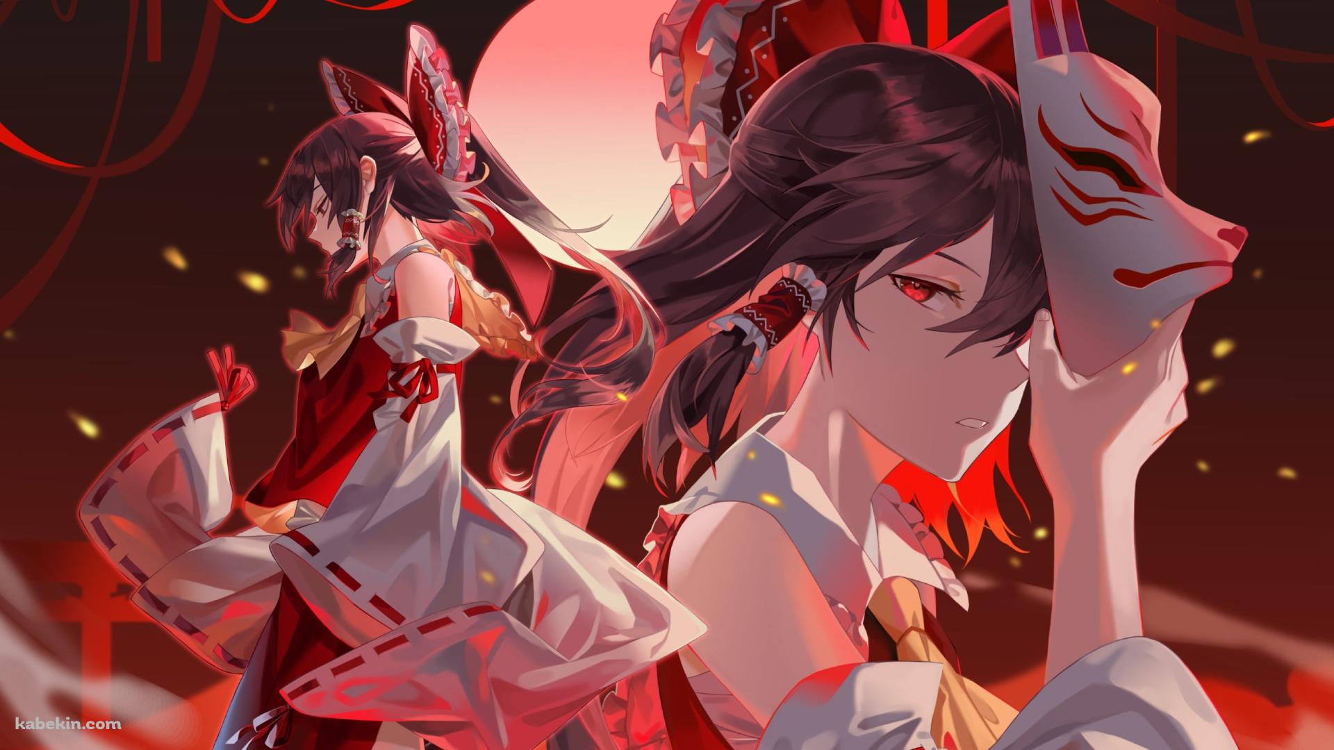 満月の夜、狐面を持つかっこいい博麗霊夢 / 東方の壁紙(1920px x 1080px) 高画質 PC・デスクトップ用