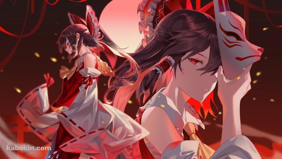 満月の夜、狐面を持つかっこいい博麗霊夢 / 東方の壁紙(960px x 540px) 高画質 PC・デスクトップ用