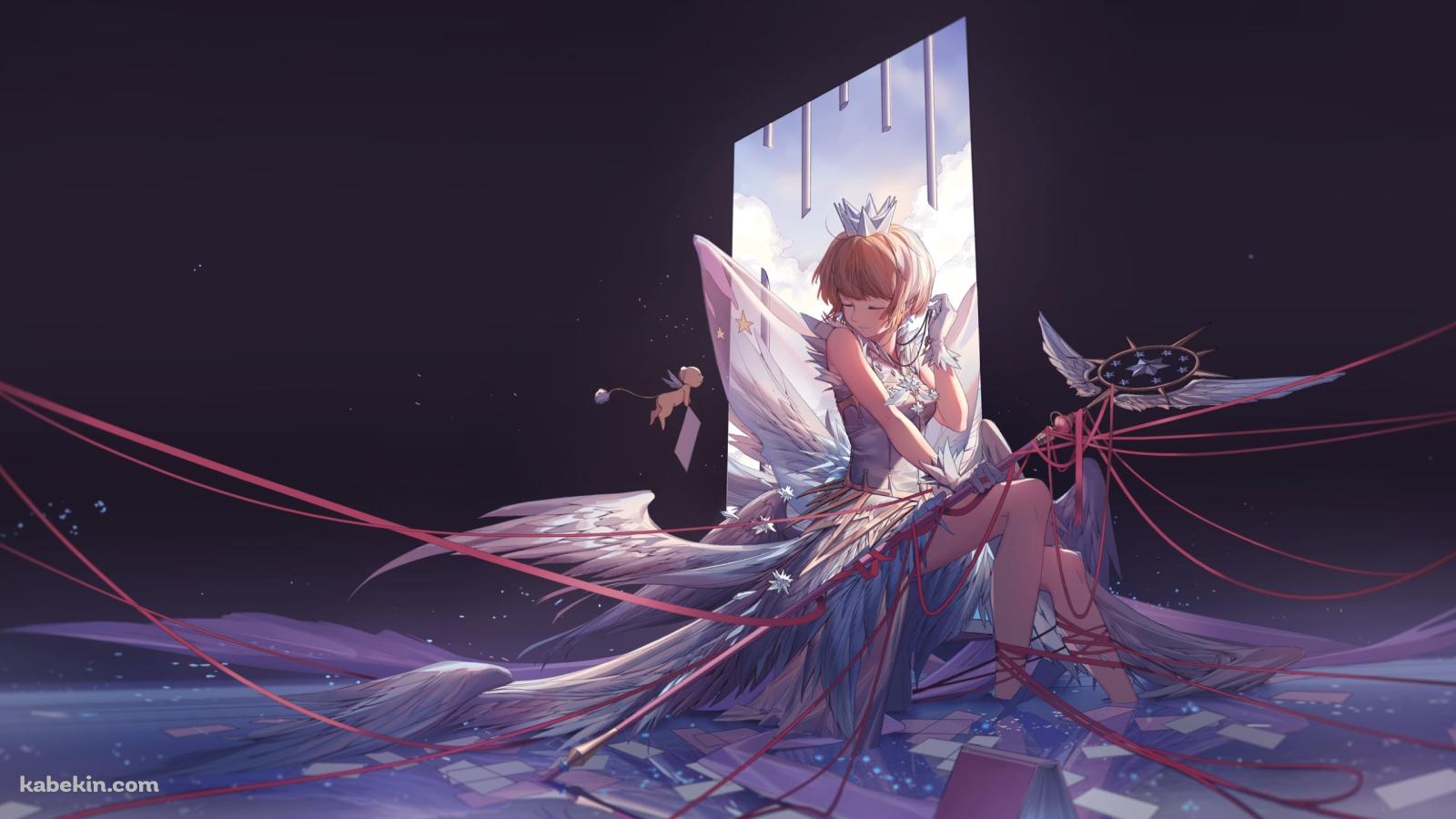 無数の赤いリボンが巻き付いた杖を持つ木之本桜 / カードキャプターさくらの壁紙(1600px x 900px) 高画質 PC・デスクトップ用