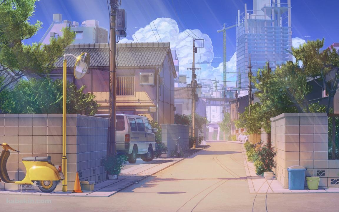 T字路の道路 / 路駐の黄色いベスパ / 街並み / 恋、マネー、ロックンロールの壁紙(1152px x 720px) 高画質 PC・デスクトップ用
