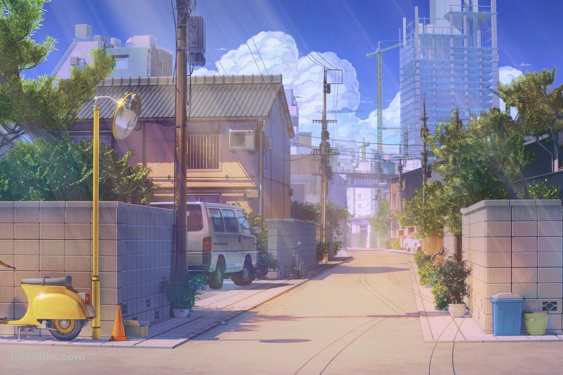 T字路の道路 / 路駐の黄色いベスパ / 街並み / 恋、マネー、ロックンロールの壁紙(1152px x 768px) 高画質 PC・デスクトップ用