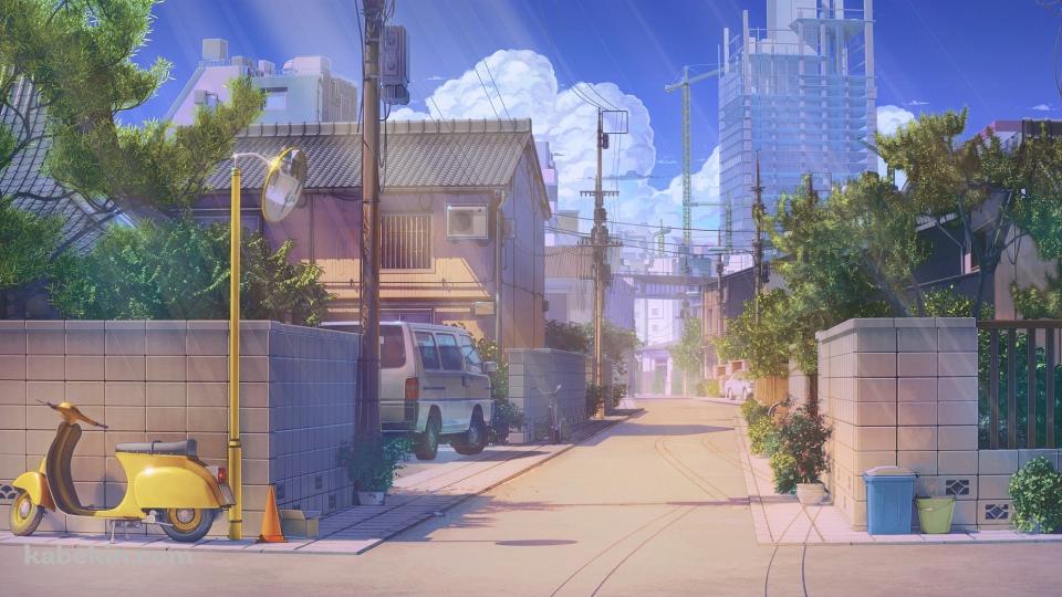 T字路の道路 / 路駐の黄色いベスパ / 街並み / 恋、マネー、ロックンロールの壁紙(960px x 540px) 高画質 PC・デスクトップ用