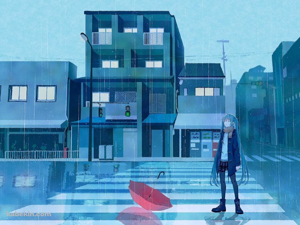 横断歩道の途中で雨にうたれる初音ミク / 赤い傘 / ボカロ / ボーカロイドの壁紙(1024px x 768px) 高画質 PC・デスクトップ用