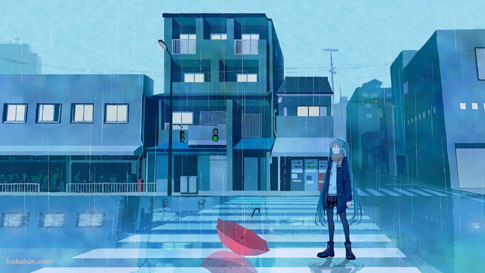 横断歩道の途中で雨にうたれる初音ミク / 赤い傘 / ボカロ / ボーカロイドの壁紙(1600px x 900px) 高画質 PC・デスクトップ用