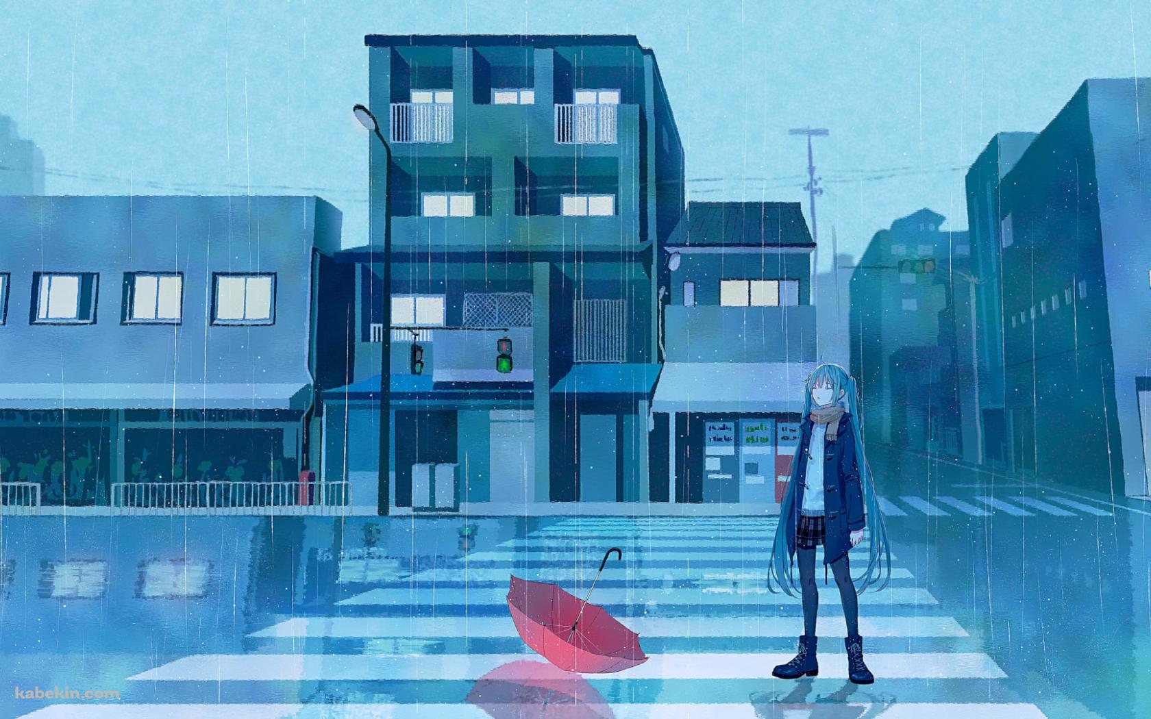 横断歩道の途中で雨にうたれる初音ミク / 赤い傘 / ボカロ / ボーカロイドの壁紙(1680px x 1050px) 高画質 PC・デスクトップ用