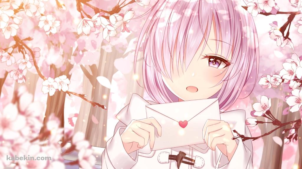 桜の花と便箋を持つマシュ・キリエライト / Fate/grand orderの壁紙(1024px x 576px) 高画質 PC・デスクトップ用