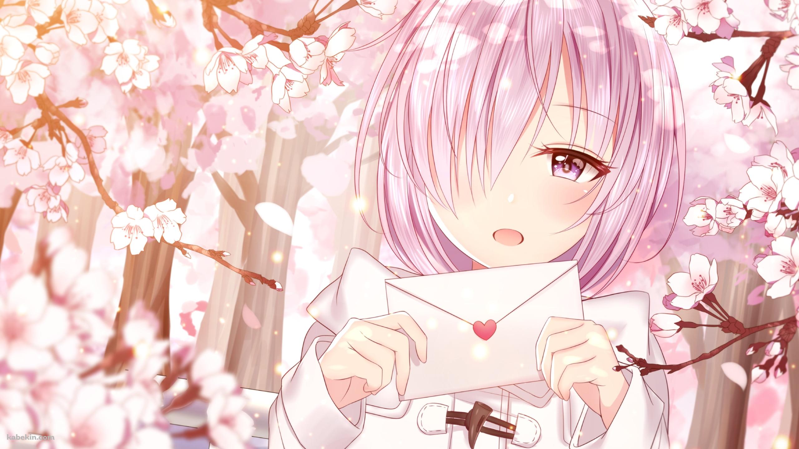 桜の花と便箋を持つマシュ・キリエライト / Fate/grand orderの壁紙(2560px x 1440px) 高画質 PC・デスクトップ用