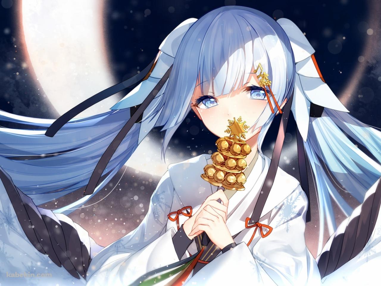 三日月と神楽鈴を持つ雪ミク / 初音ミク / ボカロ / ボーカロイドの壁紙(1280px x 960px) 高画質 PC・デスクトップ用