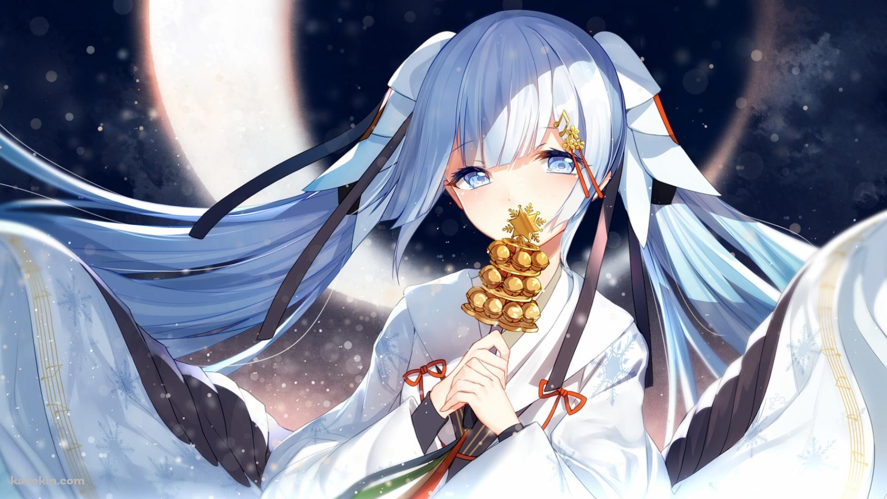 三日月と神楽鈴を持つ雪ミク / 初音ミク / ボカロ / ボーカロイドの壁紙(1829px x 1029px) 高画質 PC・デスクトップ用